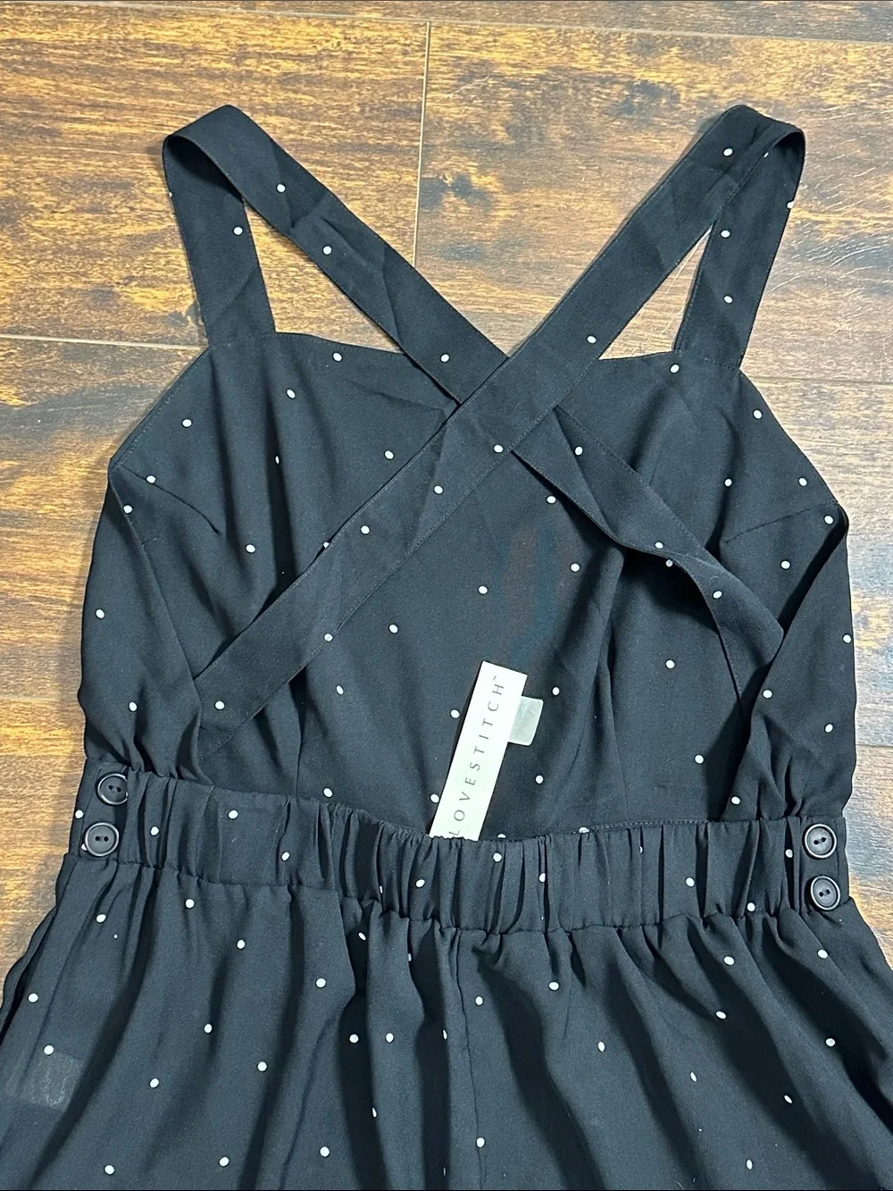 🖤 LOVESTITCH Black Polka Dot Wide Leg Romper L NWT • Open Back Crisscross! 🖤